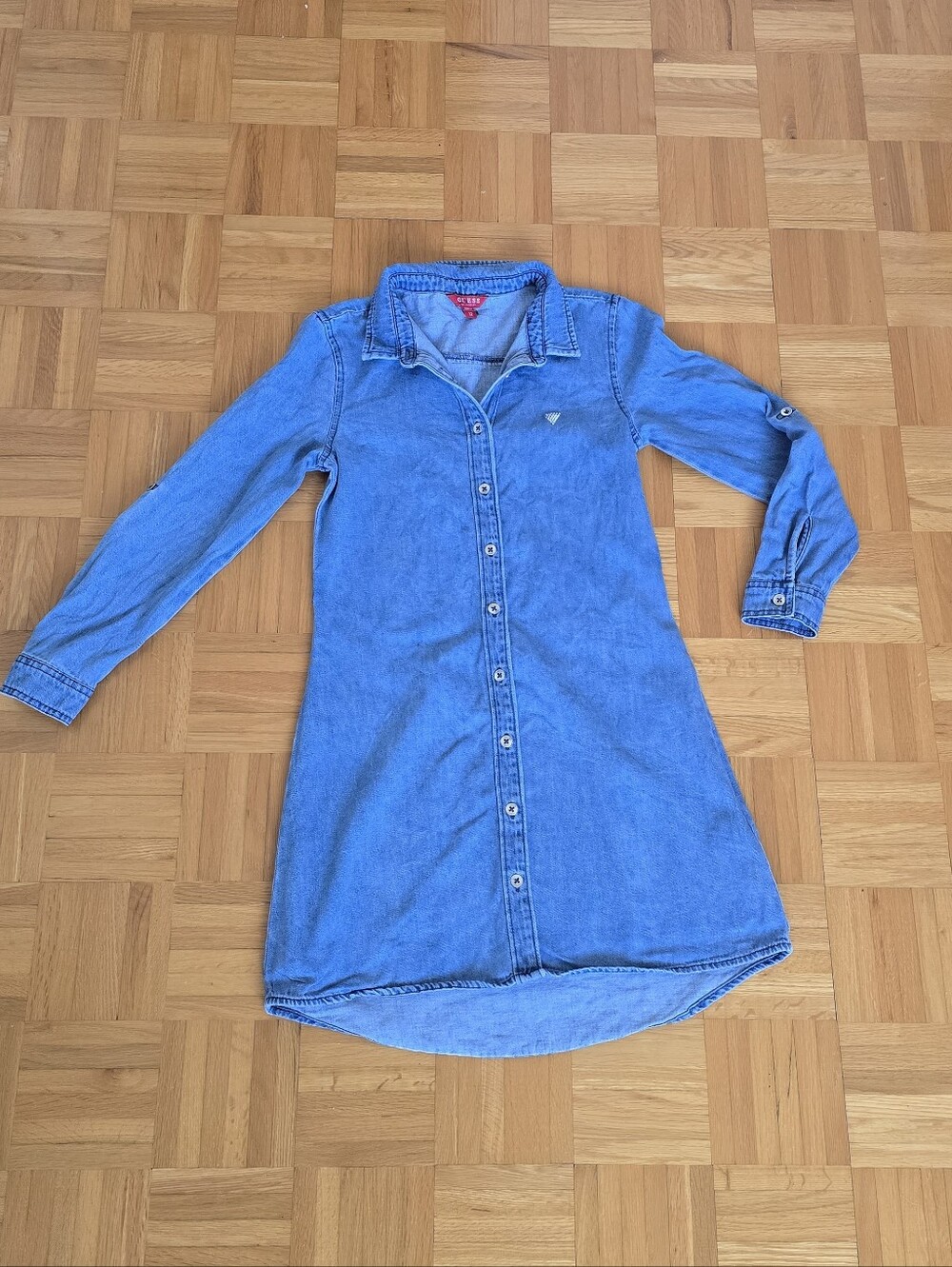 Guess Kids Girls Blue Jean Button Down Denim Adjustable Sleeves Dress Size 12